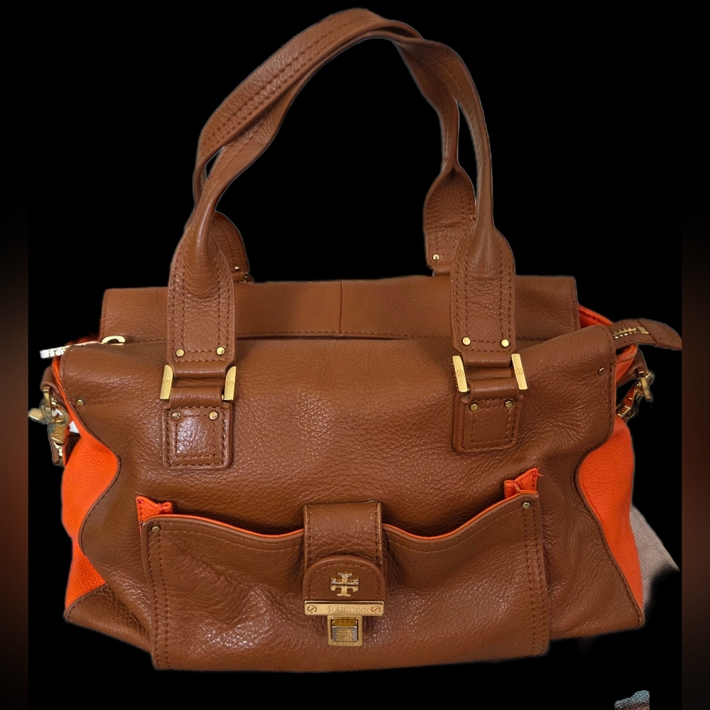 Tory Burch Brown and Orange Leather Tote Bag